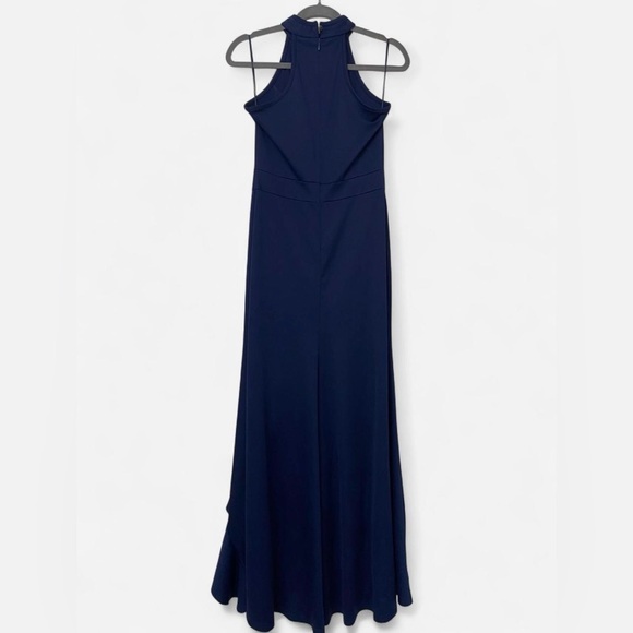 Navy Blue Sleeveless High Neck Ruffled Evening Gown - Picture 3 of 7